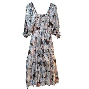 Fabrik Womens Dress Bohemian‎ Floral Maxi Smocked Bodice Puff Sleeves Cottage L